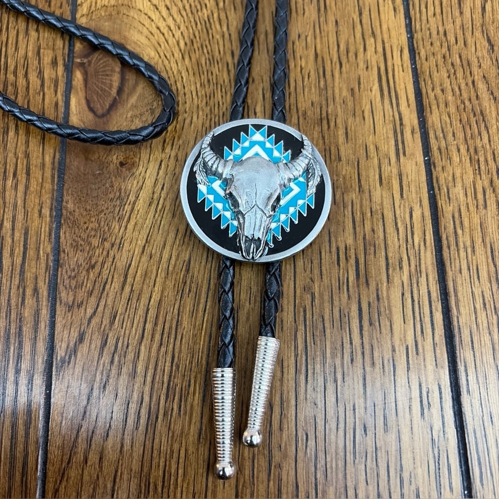 Vtg Siskiyou Buckle Co Bolo Tie Slide Steer Head Skull Turquoise Enameled 1993